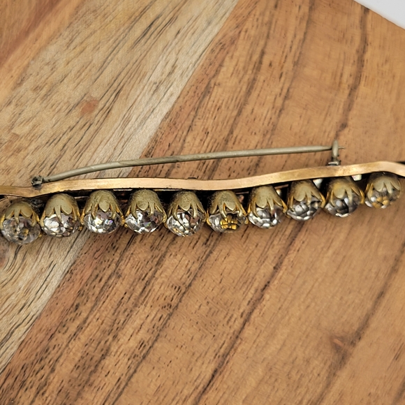 Beautiful Antique Late Edwardian Gold Filled Rhinestone C-Clasp Bar Brooch Pin - Picture 4 of 12